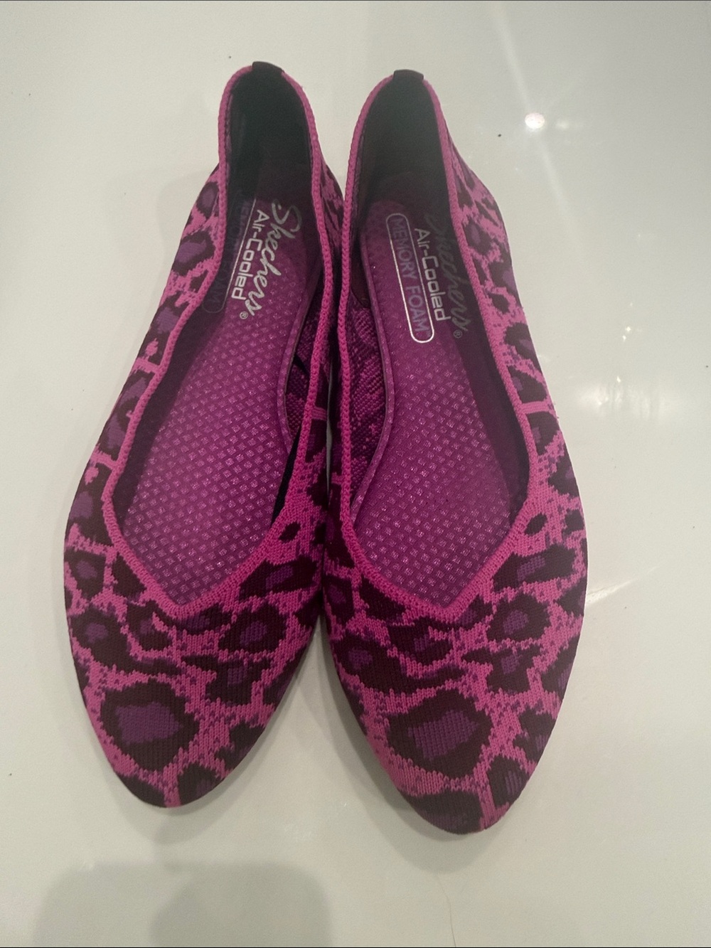 Skechers Magenta and Black Leopard Knit Slip-On Flats
